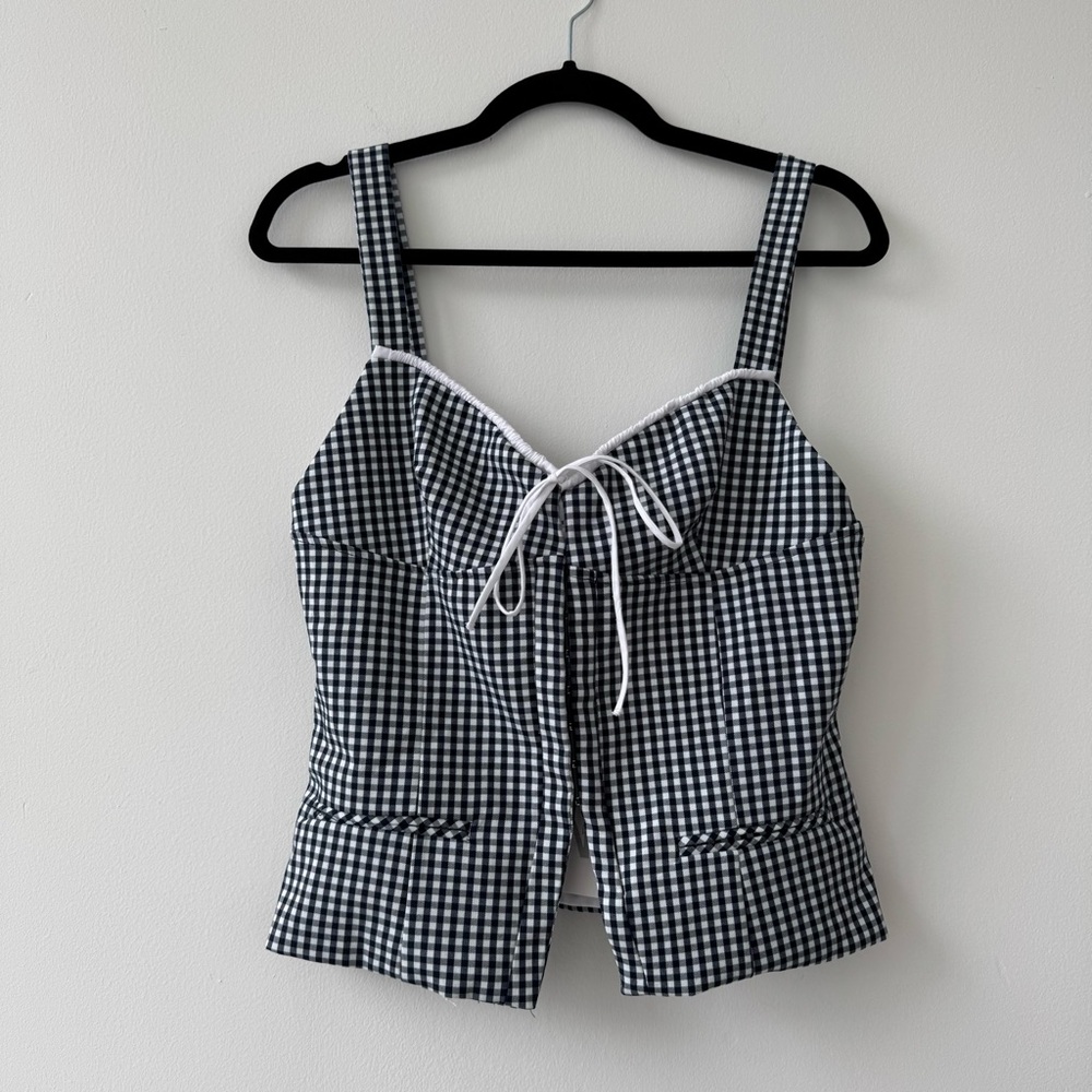 Zara White and Blue Tie Front Peplum Tank Top